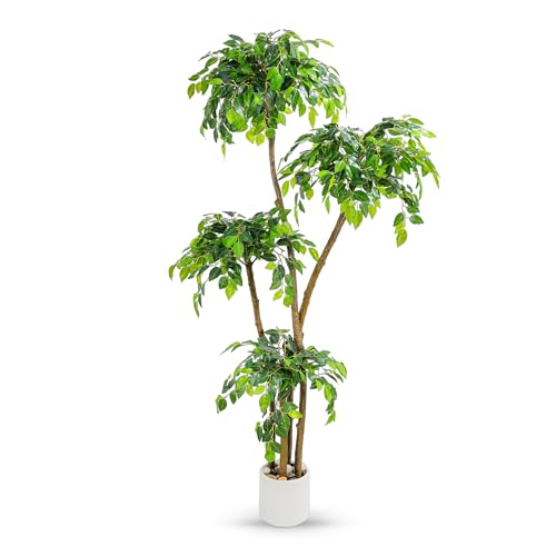 6FT Artificial Ficus Tree with White Planter and Pebbles,Faux Silk Tree with Lifelike Leaves and Realistic Trunk,Tall Fake Potted Plant for Home and Office Décor Indoor and Outdoor (6FT) - size: 6ft