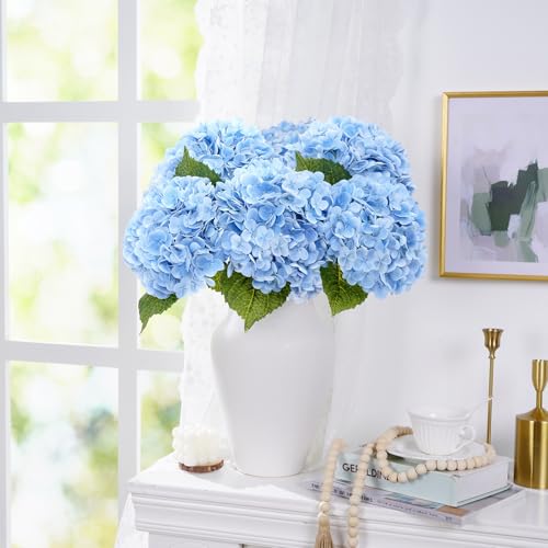 Waipfaru 21" Real Touch Blue Hydrangea Artificial Flowers with Long Stem & Leaves, Full Latex Faux Hydrangea Flowers for Home Decor Party Floral Arrangements Wedding Bouquets Centerpieces, 5Pcs - color: Blue, size: 5pcs