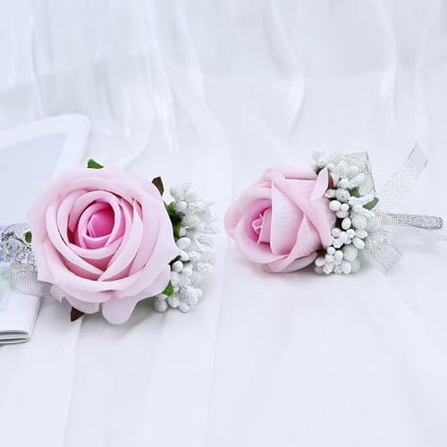 2Pcs Light Pink Rose Corsage and Boutonniere Set, Artificial Wrist Corsage Wristlet Bracelets, Men Boutonniere for Wedding Party Ceremony Homecoming Flowers Accessories Prom Decorations - color: Light Pink