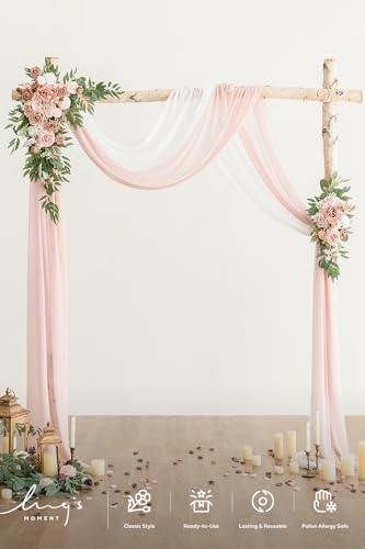 Ling's moment Pink Artificial Wedding Arch Flowers Kit Pack of 4, 2pcs Hanging Flower Arrangement 2pcs Chiffon Drapes Ceremony Reception Spring Silk Rose Arbor Backdrop Floral Garden Outdoor Decor - color: Pk-dusty Rose & Cream