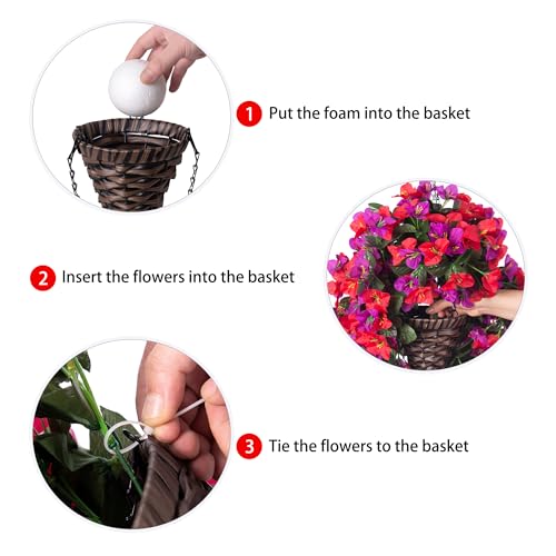INSPRING Artificial Bougainvillea Faux Flowers Plants Baskets for Outdoor Outside Decoration, 3PCS Fake Silk Flowers Long Trailing Vines UV Resistant Realistic for Front Door Porch Patio (PurpleRed) - color: Purplered