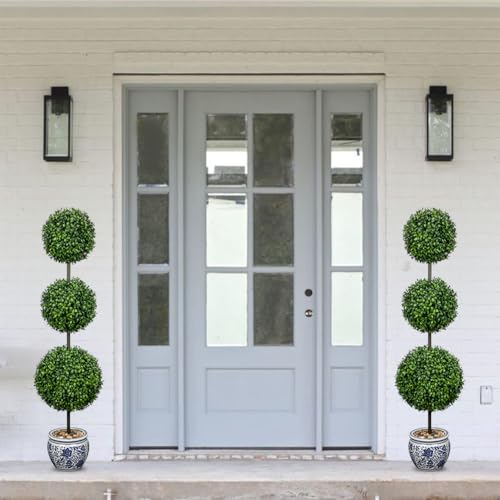 3FT Topiary Trees Artificial Outdoor Trees for Porch UV Resistant Potted Shrubs Boxwood Topiary with Blue and White Porcelain,Artificial Plants Indoor-Fake Topiary for Outdoors, Home,Garden Decor - color: 3 Ft