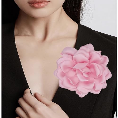 Large Flower Brooches Lapel Pins for Women Satin Fabric Brooches Big Camellia Flower Brooch Pins Wedding Part Dance Clothes Accessories Jewelry Gifts - color: pink