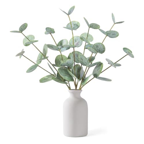 Artificial Eucalyptus Stems in Ceramic Vase, 14'' Fake Plants Greenery Stems for Home Decor Eucalyptus Plant for Bathroom Farmhouse Room Coffee Table Centerpiece Desk Shelf Faux Branches Decorations - color: Green Eucalyptus - White Round Ceramic Vase
