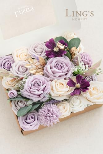 Ling's Moment Fake Flowers Box, Faux Artificial Greenery Stems Foam Roses Silk Eucalyptus Fabic Flower for Centerpieces Bouquet Wedding Vase Floral Arrangements Decorations, Lilac & Cream, Grand Combo - color: Prpl-lilac & Cream, size: Grand