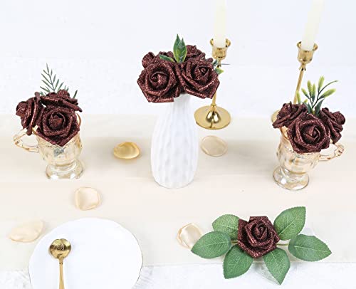 IPOPU Artificial Flowers, 25pcs Foam Glitter Roses Glitter Foam Rose Foam Rose with Stem for DIY Wedding Bridal Bouquet Home Party Decoration(Coffee) - color: Coffee