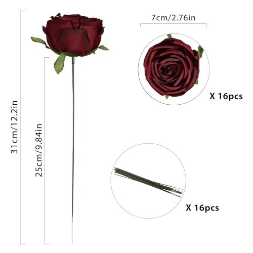 Fake Roses,16PCS Burgundy Flowers Artificial Silk Roses with Stems for Wedding Bouquets Party Bridal Shower Home Decor(Burgundy) - color: Burgundy