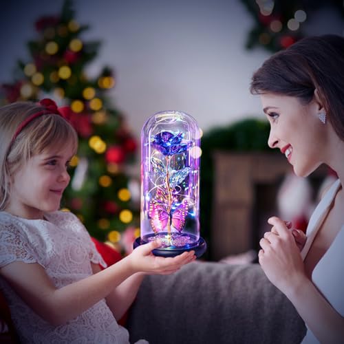Mothers Day Mom Gifts for Mom Women Birthday Gift Galaxy Glass Rose in Glass Dome Forever Eternal Crystal Flowers with Butterfly Mother's Day Flower Gifts for Women Wife Grandma Daughter Sister Purple - color: A Purple