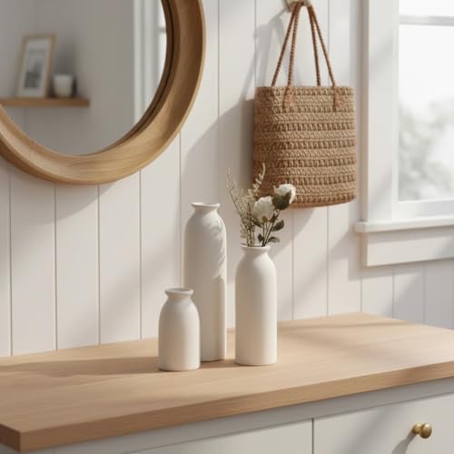 CEMABT Beige Ceramic vase Set-3 Flower vases for Decor,Modern Boho Farmhouse Home Decor,Decorative vase for Pampas Grass&Dried Flowers,idea Shelf,Table,Bookshelf - color: 3set-tall Beige
