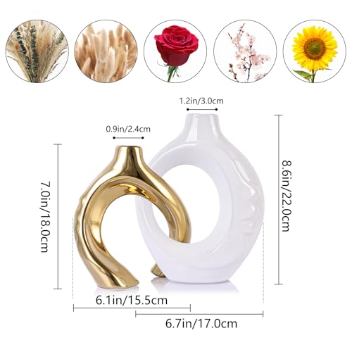 LCCCK White and Gold Ceramic Vases for Home Decor, Boho Vase for Flowers Pampas Grass Decorative, White Gold Hollow Donut Small Vase for Living Room Table Wedding Centerpiece Modern Vases - color: White and Gold