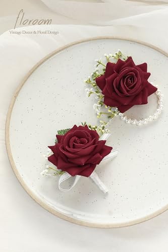 Floroom Burgundy Rose Wrist Corsage Wristlet Band Bracelet and Men Boutonniere Set for Red Wedding Flower Accessories Prom Suit Decorations - color: Burgundy