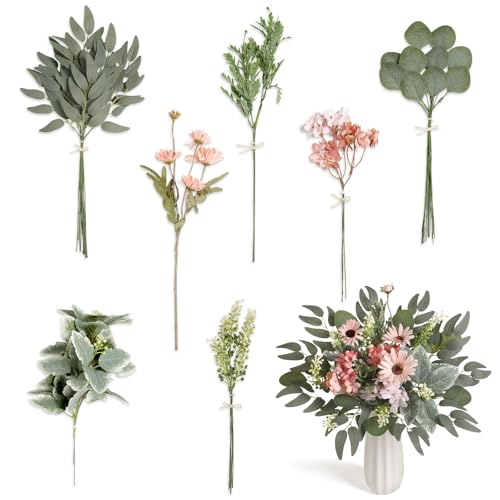 Artificial Greenery Stems Box Set, 33pcs with 7 Kinds of Faux Greenery Picks for DIY Bridal Bouquets Wedding Floral Arrangement Table Centerpieces(Green & Pink) - color: Green & Pink