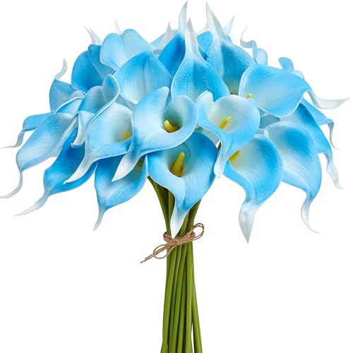 Artificial Calla Lily 12Pcs Blue Real Touch Faux Flowers for Wedding Bouquet, Bride Bridal Shower, Spring Home Kitchen Table Decor, Fake Lilies for Centerpieces, Party Decorations - color: White Blue