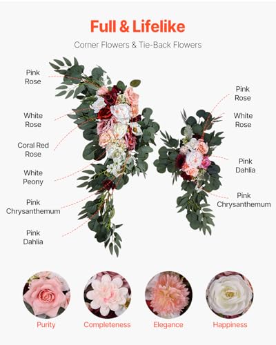 VEVOR Artificial Wedding Arch Flowers Kit, Pink Wedding Arch Flowers with Drapes Kit- 2 Pcs Floral Arrangement, 2 Pcs Sheer Drapes, for Ceremony Bouquets Reception Backdrop Decoration（No include wood） - color: Dusty Rose, size: 4 Pcs