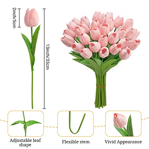 Ouddy Decor 30 Pcs Pink Tulips Artificial Flowers Real Touch PU Faux Flowers Fake Tulips Stems for Spring Summer Bouquet Floral Room Table Party Wedding Easter Mothers Gifts Home Decorations - color: Pink