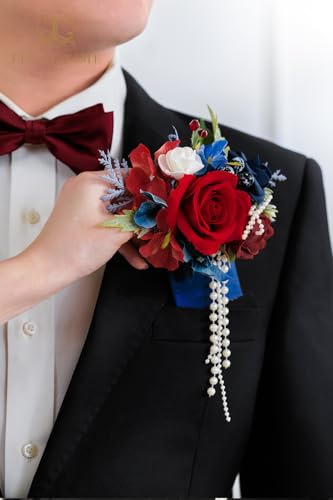 TINGE TIME Boutonniere for Men Wedding,Groom and Best Man Boutonniere for Wedding, Prom, Homecoming, Anniversary, Graduation, Christmas Dinner (1, Red & Navy Blue) - color: Red&navyblue