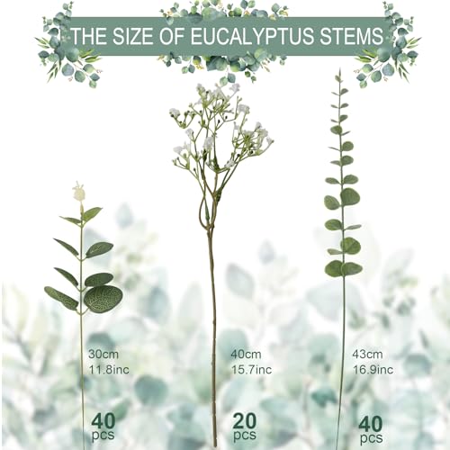 lovemoon 100 Pcs Mixed Greenery Artificial Eucalyptus Stems, Baby Breath Artificial Flowers Bulk and Eucalyptus Leaves for Wedding Bouquets Home Office Floral Decor (100, Green and White) - color: Green and White