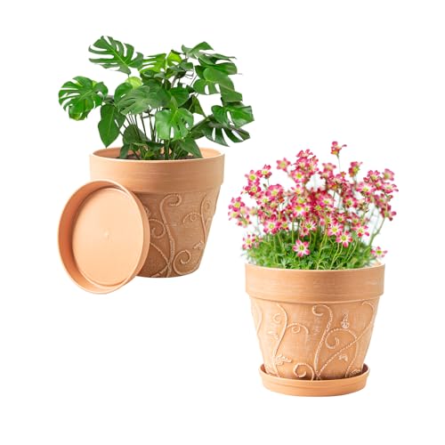 Melphoe Plant Pots Indoor with Drainage & Saucer, 2Pack 7 inch Flower Pots Outdoor Planters for Indoor Plants Garden Home Decor Cactus Succulent, Rigid Plastic (Imitation-Terracotta) Vine-Embossed - color: Terracotta Color, size: 7''