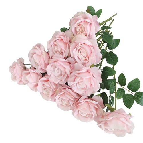ATFL Fake Roses Artificial Flowers Bulk,Floral Diameter 4'',20 Pcs Artificial Silk Roses Flowers with Stems for Wedding Arrangement Centerpieces Party Home Table Decorations (20, Light Pink) - color: Light Pink