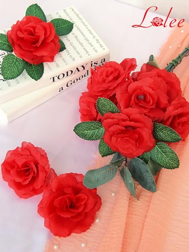LELEE Rose Head Flowers with Stem - 108pcs Red Roses Artificial Flowers Bulk - Silk Rose Fake Flower for Wedding Bouquet Party Home Decor DIY Baby Shower Centerpieces Tables Decoration - color: Red Color