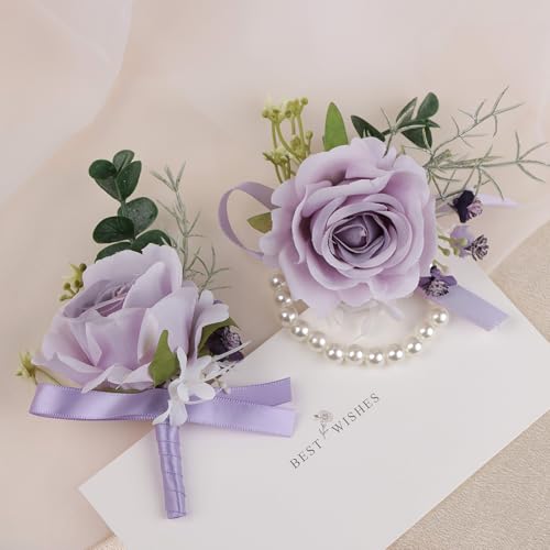 Alizeal 2Pcs of Wrist Corsage and Boutonniere Set, Artificial Flowers Accessories Suit Decor for Wedding Prom Party Homecoming Ceremony, Lavender - color: Lavender