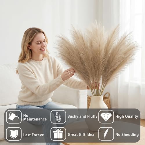 TORONTOKYO Pampas Grass Tall, 8PCS 35.4 Brown Pampas Grass Decor, Large Artificial Pampas Grass for Floor Vase Filler, Wedding, Baby Shower, Home Decor - color: Beige Brown, size: 35.4inch-8Pcs