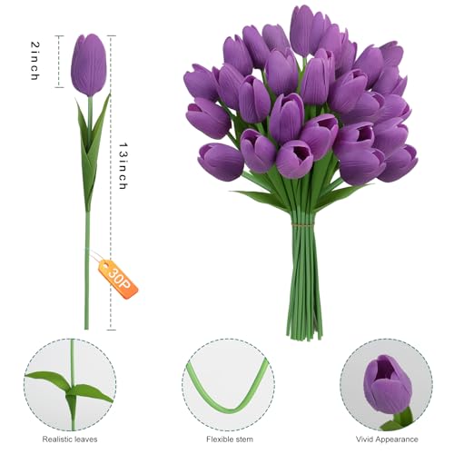 Artificial Tulips Flowers Fake Latex Tulip Stems - 30pcs Real Touch Faux Multicolor Tulips Flower for Easter Spring Wedding Bouquet Centerpiece Floral Arrangement Cemetery Table Decor - color: Purple