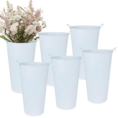 vensovo 12 Inch Galvanized Metal Vases for Flowers - 6 Pcs Farmhouse Decorative Tall Flower Bucket with Handles, Rustic French Tin Planter Buckets for Wedding Decor (Pure White) - color: Pure White