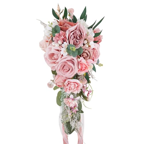 10 Inch Dusty Pink Rose Gold Cascading Bouquets for Bride Summer Fall Wedding Blush Light Pink Artificial Silk Flower Pearl Bridal Bouquet Boho Rustic Ceremony Anniversary Decor Toss Bouquet - color: Dusty Pink