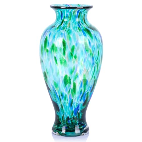 11.8" Tall Blown Teal Glass Vase, Green Opaque Glass Vase, Unique Design Turquoise Wide Mouth Art Decoration for Home, Living Room, Dining Table, Pampas Grass Decor (Greener) - color: Greener