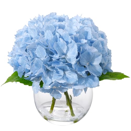 Blue Artificial Hydrangea Flowers in Glass Vase with Faux Water, 3 Stems Lifelike Fake Floral Arrangement, UV-Resistant Odorless Centerpieces for Dining Table Home Office Decor (7.9") - color: Blue