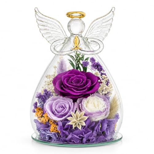 Preserved Rose in Glass Angel Figurine, for Mom/Wife/Grandma, Forever Flowers Rose Anniversary, Graduation or Birthday Gifts for Women Her - color: Purple