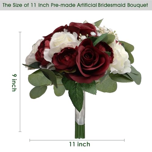 Set of 4 Bridesmaid Bouquets, 11 Inch Wedding Bouquets for Bridesmaids Artificial Flower Bouquets for Wedding Ceremony Bridal Shower Decorations - Burgundy & White - color: Burgundy & White, size: Set of 4 Bouquets