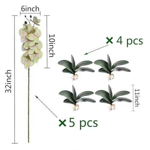 HinyoCo 5 Pcs Artificial Orchid Flowers and 4 Bundles Leaves, Artificial Phalaenopsis Flowers 32 Inch Stem Plants for Home Wedding Decoration (Light Green Pink) - color: Light Green Pink