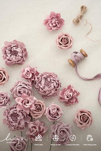 Ling's moment Artificial Flowers Fake Roses Faux Foam Peonies Combo for DIY Wedding Bouquets Centerpieces Arrangements Bridal Shower Party Home Decorations, Dusty Rose, 23pcs - color: Pk-dusty Rose