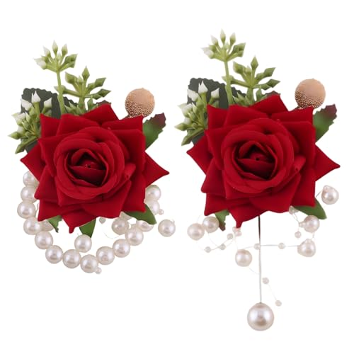 Ruby Red Wrist Corsage and Boutonniere Set for Groom Groomsmen Men Suit Bride Bridesmaid Artificial Flower Wrist Corsage for Wedding Prom Homecoming Party Ruby Red - color: 1 Boutonniere & 1 Corsage (Ruby Red)