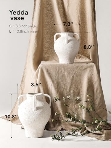 White Ceramic Vase with 4 Handles, 8.8" Rustic Farmhouse Centerpiece - Decorative Flower Vase for Living Room, Table, Bookshelf, Mantel, Entryway & Wedding Home Decor (Rock Sand White) - color: 8.8 Inch-rock Sand White