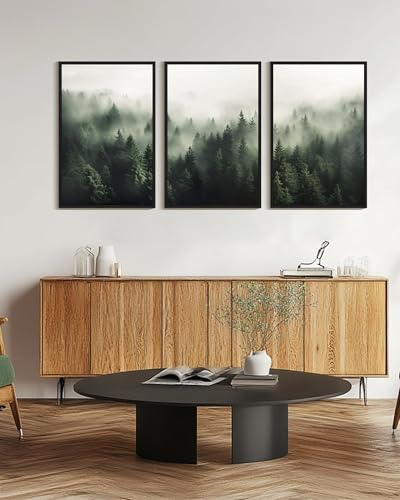 PHOPAGO Green Fog Pine Tree Framed Wall Art Huge 24x36in Nature Misty Nordic Forests Artwork Morden Paints for Living Room Bedroom Decor - Black Framed - color: Green Pine Forest, size: 36L" x 24W" x 3 Pcs Black