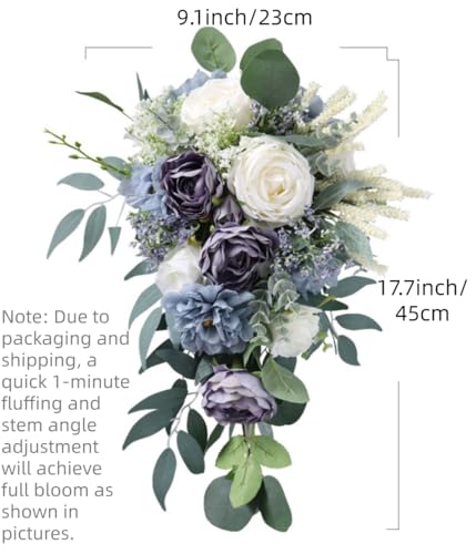 9.1 Inch Cascading Bridal Bouquet Waterfall Cascade Wedding Bouquet Bride with Artificial Rose Peony Flower Rustic Boho Wedding Ceremony Bouquet Dusty Blue - color: Dusty Blue