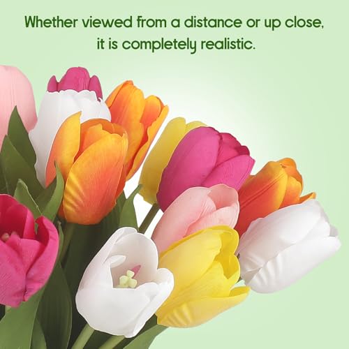 Artificial Tulips - 20 Stems Real Touch Realistic Fake Tulip Flowers, Premium Silk Feel, UV-Resistant, Anti-Fade, Waterproof Lifelike Faux Tulips for Home Decor, Wedding, Party, DIY (Mix) - color: Mix