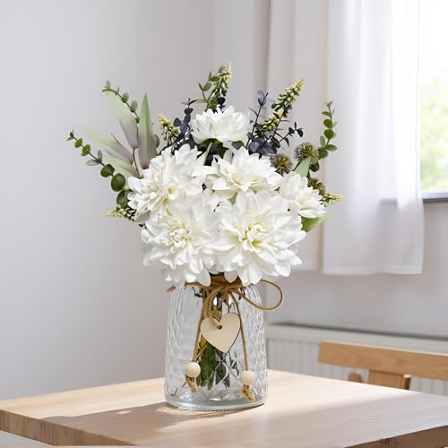 Dahlia Bouquet Mixed Eucalyptus Greenery Indoor Wedding Table Vase Decor | Realistic Silk Fake Floral Arrangement, Farmhouse Table Centerpiece for Kitchen Wedding Bridal Vase Home Indoor Decorations - color: White