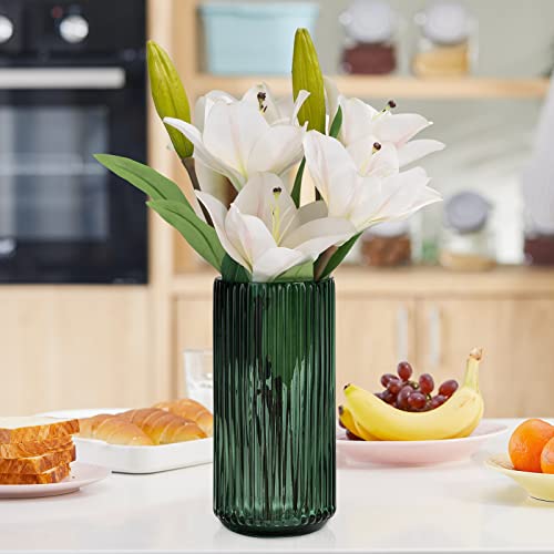 TIMEFOTO Flower Vase 10 inch Green Thickened Hand Blow Glass Vase Round Vintage Striped Bottles for Bookshelf,Dinner Table,Indoor Office Desktop,Meeting Room,Bathroom,Countertop,Home - color: Glass Green, size: 10 inch