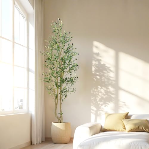 HZXGCP 6ft Artificial Olive Tree Indoor, Fake Olive Tree with White Pot, Faux Olive Tree with Dense Leaves & Realistic Fruits, Tall Artificial Plant for Home Living Room Office Entryway Decor - color: Olive Tree 6ft