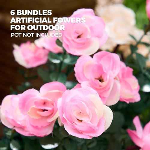 PONKING Artificial Flowers for Outdoors Patio Decoration 6 Bundles Fake Flower Rose UV Resistant Faux Plants Yard Garden Porch Home Boxwood Planter Patio Mothers Day Decor, Pink Flower - color: D Pink Rose 6pcs