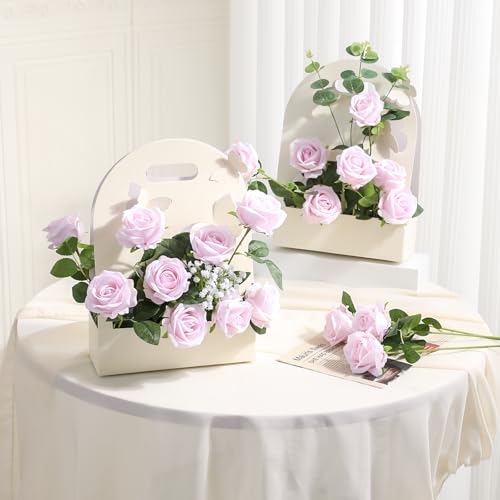 Hawesome 12PCS Artificial Flowers Fake Roses, Realistic Velvet Long Stem Red Roses Bouquet for Wedding Centerpiece Home Decor Party & Valentines (Light Pink) - color: Pink