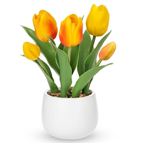 Hollyone Yellow Tulips Artificial Flowers in Vase Fake Tulips Silk Flowers Arrangements Faux Tulip Bulbs with Ceramic Pot Tulip Potted Plants Floral Bouquet for Home Decor Table Centerpiece Decoration - color: Small - Yellow