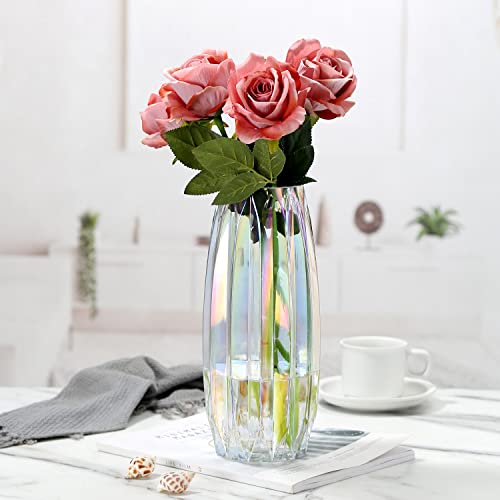 Glass Vase - Modern Ribbed Glass Vase for Flowers, Candles, and Decorative Accents -Black Grey, Amber, Clear and Colored Tall/Short Glass Vase for Centerpieces Home Table Decor (Colored, H-11.8inch) - color: Irised, size: H-11.8inch