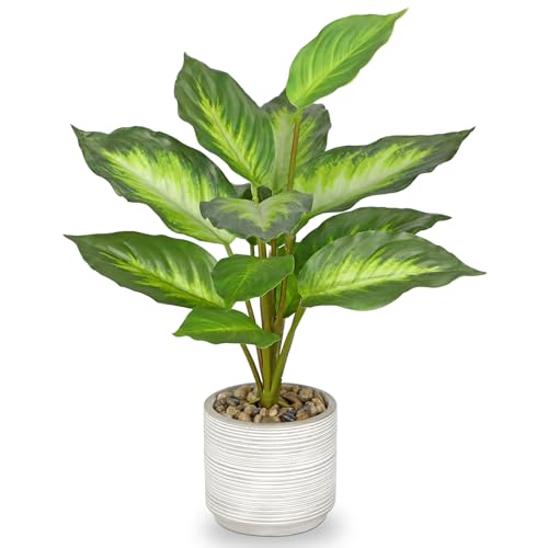 Small Fake Plants Indoor 14.5 Inch Potted Plant Artificial Decor 12 Leaves Faux Plant with Cement Pot Silk House Plants for Home Office Bathroom Kitchen Farmhouse Table Centerpieces Shelf Decor - color: Green, size: 14.5'' Plant
