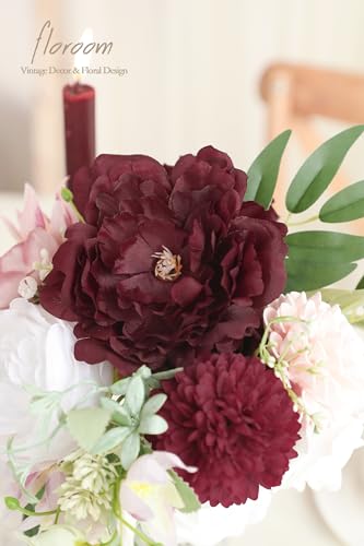 Floroom Burgundy Artificial Flowers Marsala Fake Roses Peonies Dahlia Greenery Combo Box Set for DIY Dark Red Wedding Bouquets Bridal Shower Centerpieces Floral Arrangements Party Tables Decoration - color: Romantic Burgundy