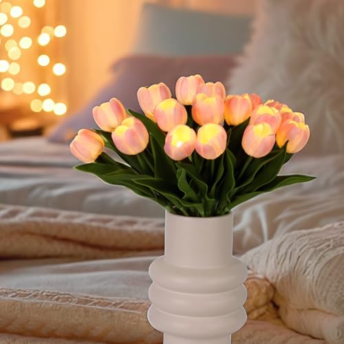 HOMESEASONS 20 Stems LED Lighted Artificial Flowers Tulip Lamp Real Touch Tulips Faux Flower Lights for Valentine's Day and Easter Home Kitchen Wedding Dining Table Decor(Pink) - color: Pink